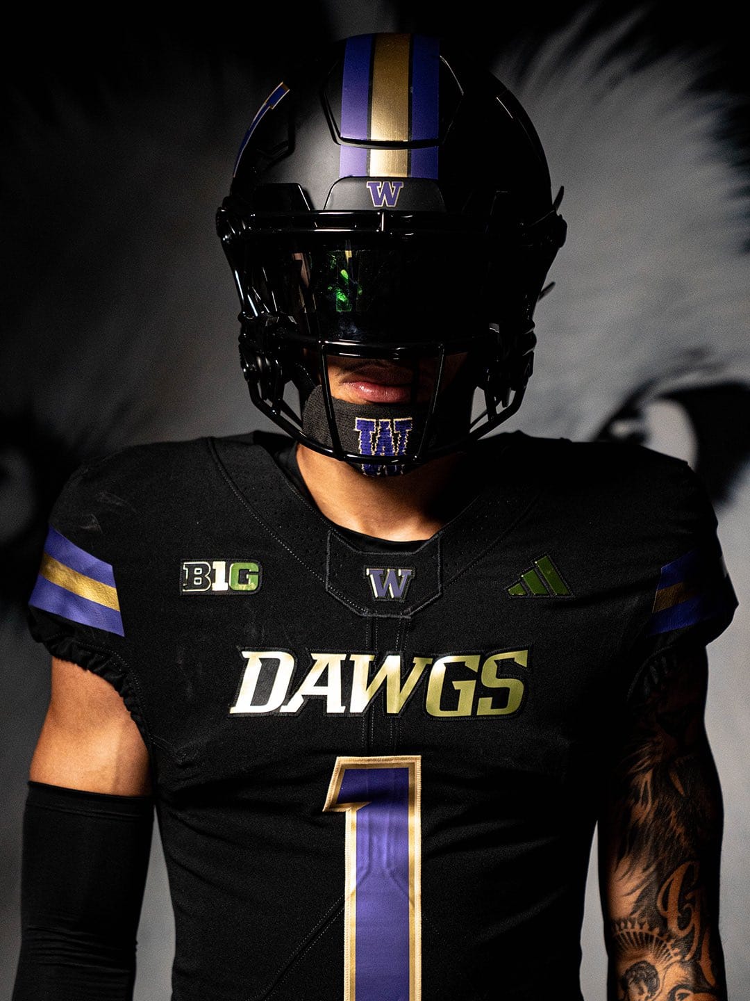 Washington Huskies 2026 all-black alternate uniform, a black helmet with a purple and gold center stripe and a black jersey with DAWGS in gold across the chest