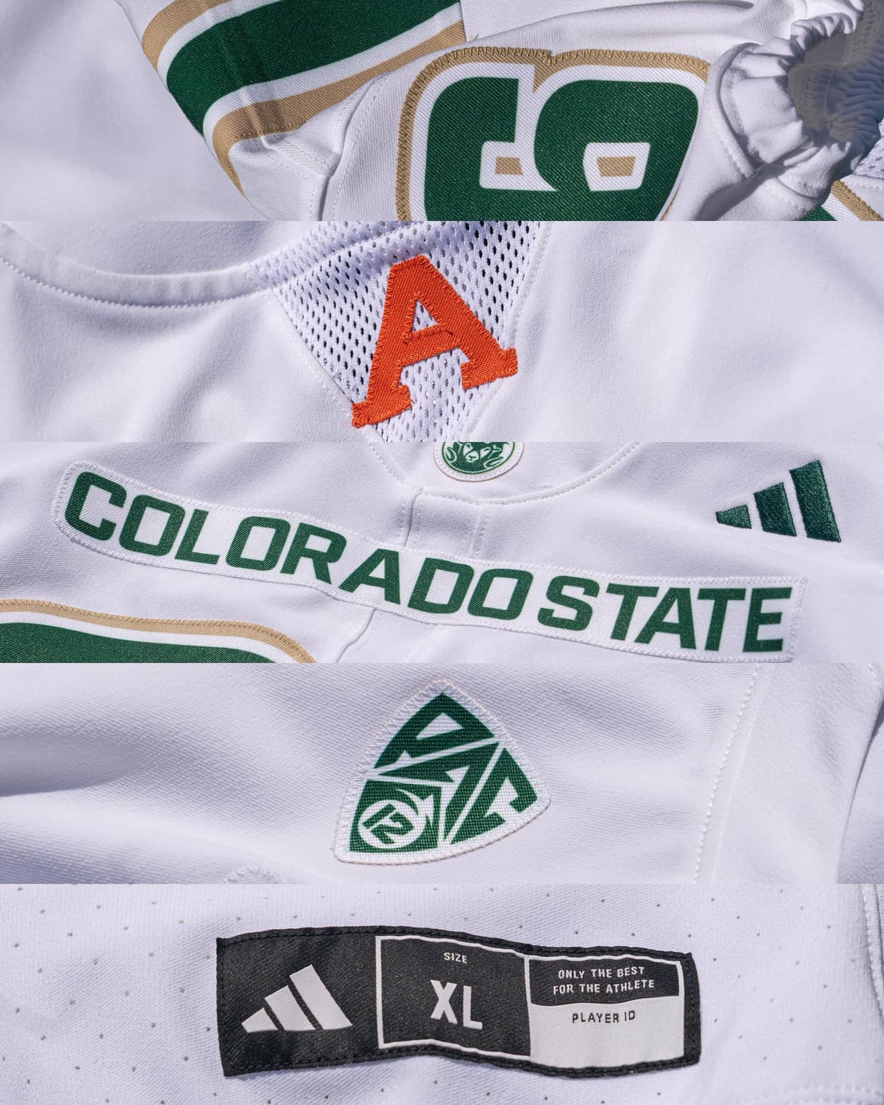 Colorado State 2026 adidas uniform details, green number with gold outline, stitched orange A at the collar, sewn Colorado State wordmark plate, green Pac-12 shield patch and adidas jersey tag