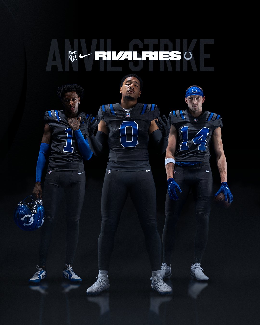 Indianapolis Colts Anvil Strike Rivalries uniform, anthracite jersey and pants with royal blue numbers