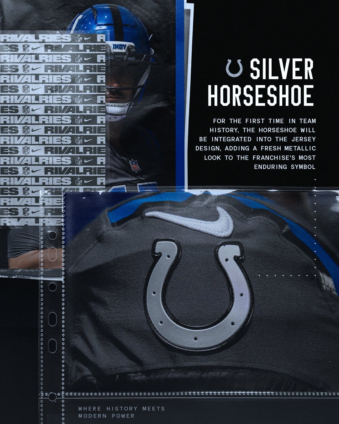 Indianapolis Colts Anvil Strike detail, the first horseshoe on a Colts jersey rendered in silver metallic, with the royal blue helmet and INDY bumper behind it