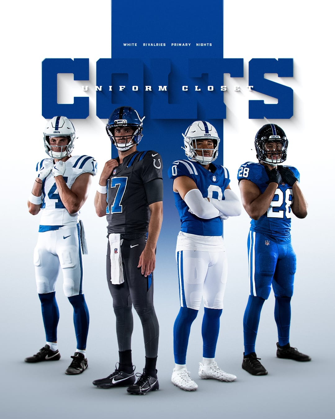 Colts 2026 uniform closet: white, Anvil Strike Rivalries anthracite, primary royal blue, and Indiana Nights uniforms side by side
