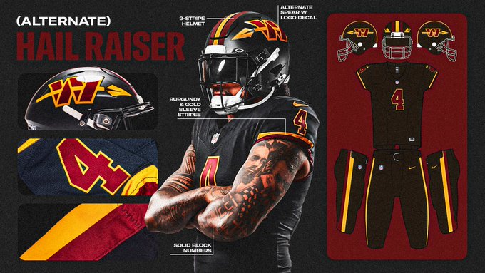 Washington Commanders 2026 Hail Raiser black alternate jersey breakdown showing spear W helmet logo burgundy and gold sleeve stripes and solid block numbering