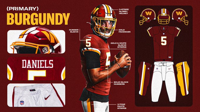 Washington Commanders 2026 burgundy home jersey breakdown with Jayden Daniels showing 3-stripe glossy helmet gold facemask and solid block numbers