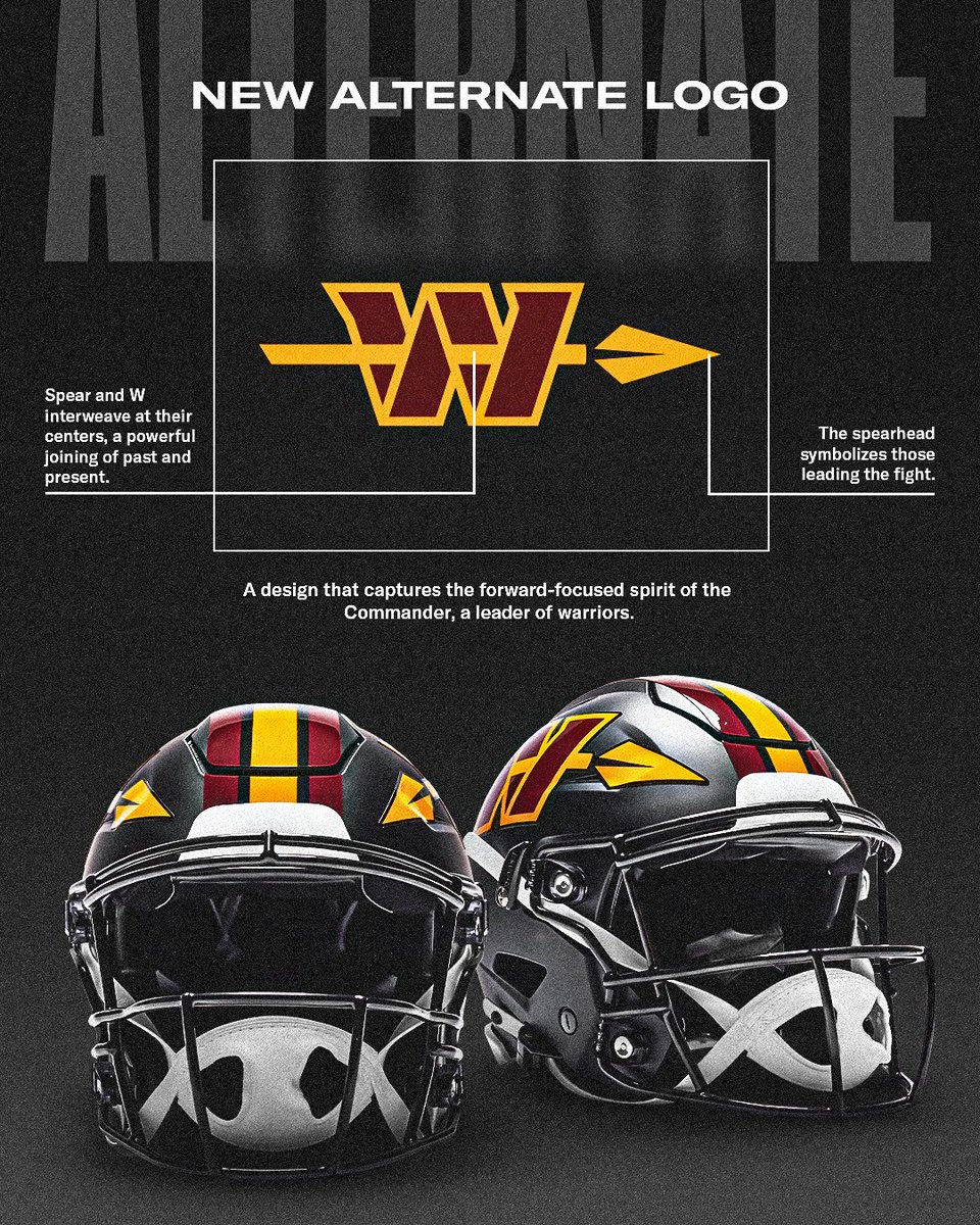Washington Commanders new alternate spear W logo with both primary and alternate helmets shown from the front 2026