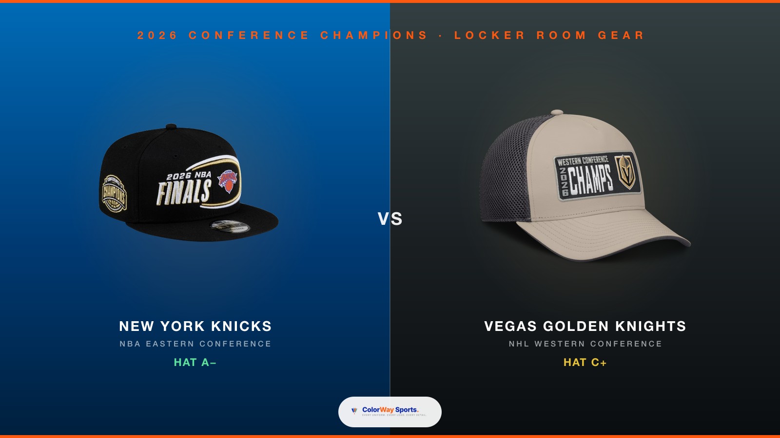 2026 Conference Champions Locker Room Gear Tracker side-by-side hero composite showing the New York Knicks 2026 NBA Eastern Conference Champions black New Era 9FIFTY locker room hat graded A- on the left in Knicks blue and the Vegas Golden Knights 2026 NHL Western Conference Champions hat graded C+ on the right in Knights gold and black for the cross-league NBA versus NHL conference champion gear comparison