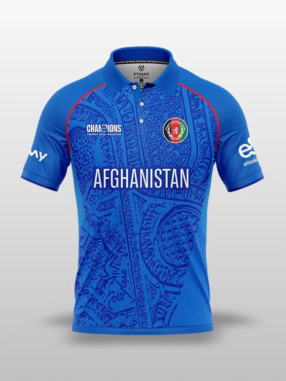 Afghanistan royal blue national cricket jersey with red and green flag trim