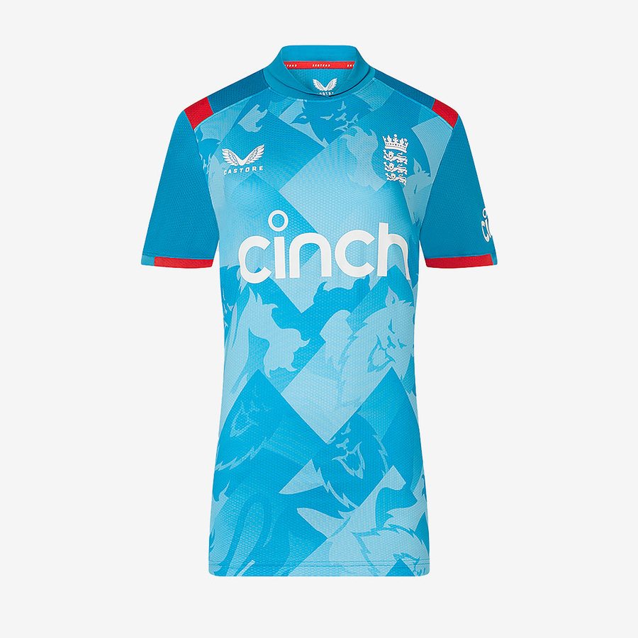 England ODI blue Castore cricket jersey and uniform with red trim and Three Lions crest