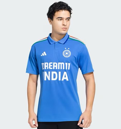 India bleed blue adidas national cricket jersey with tricolor shoulder stripes