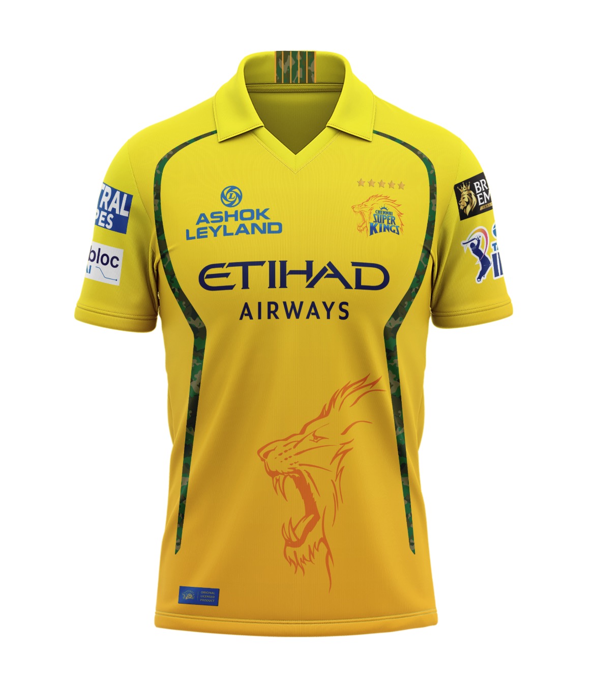 Chennai Super Kings 2026 IPL jersey — iconic yellow kit with lion graphic, five championship stars and Etihad Airways sponsor