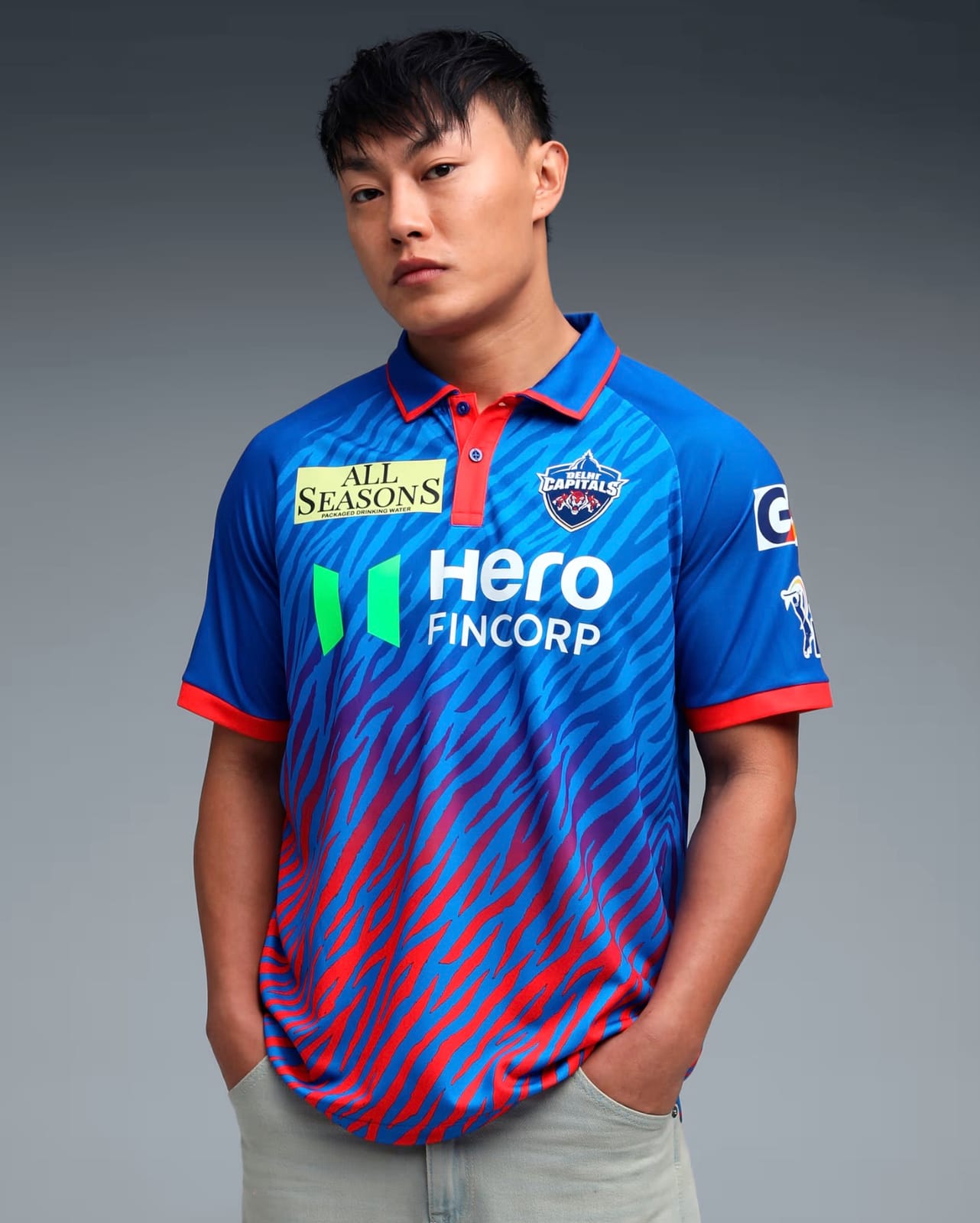 Delhi Capitals 2026 IPL jersey — deep blue with red tiger-stripe detailing and Hero Fincorp sponsor