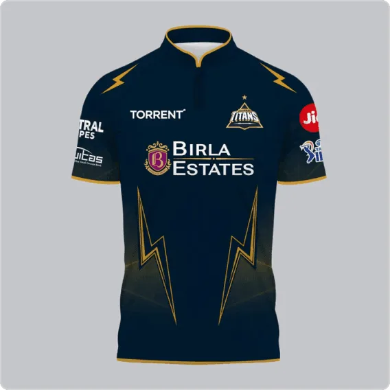Gujarat Titans 2026 IPL jersey — dark navy kit with gold lightning bolts and trim and Birla Estates sponsor