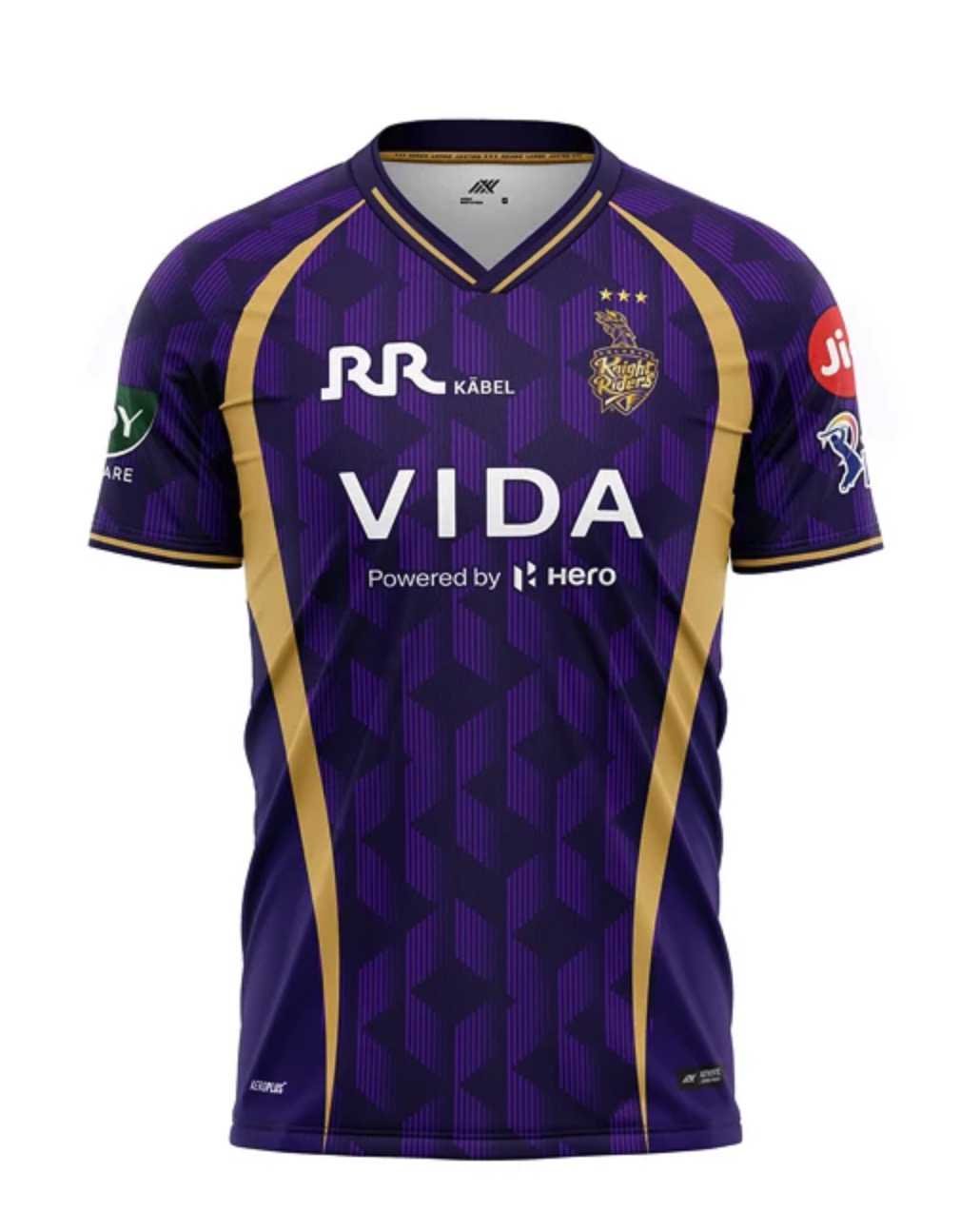 Kolkata Knight Riders 2026 IPL jersey — purple and gold kit with Vida sponsor and knight crest
