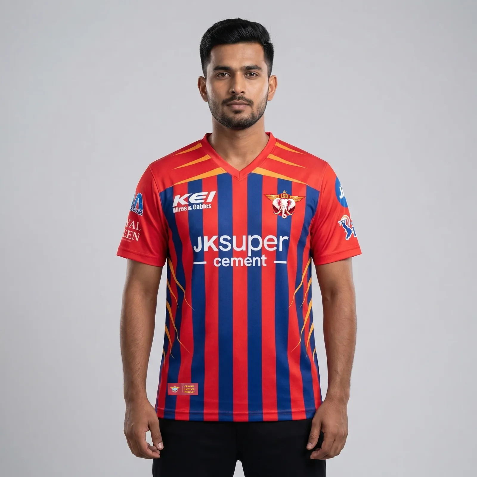 Lucknow Super Giants 2026 IPL jersey — red and royal blue vertical striped kit with JK Super Cement sponsor