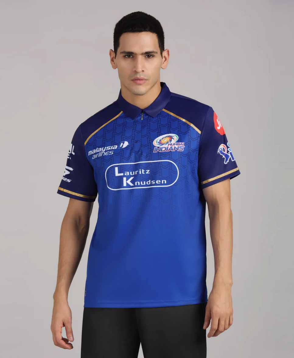 Mumbai Indians 2026 IPL jersey — deep royal blue with gold accents and Lauritz Knudsen sponsor