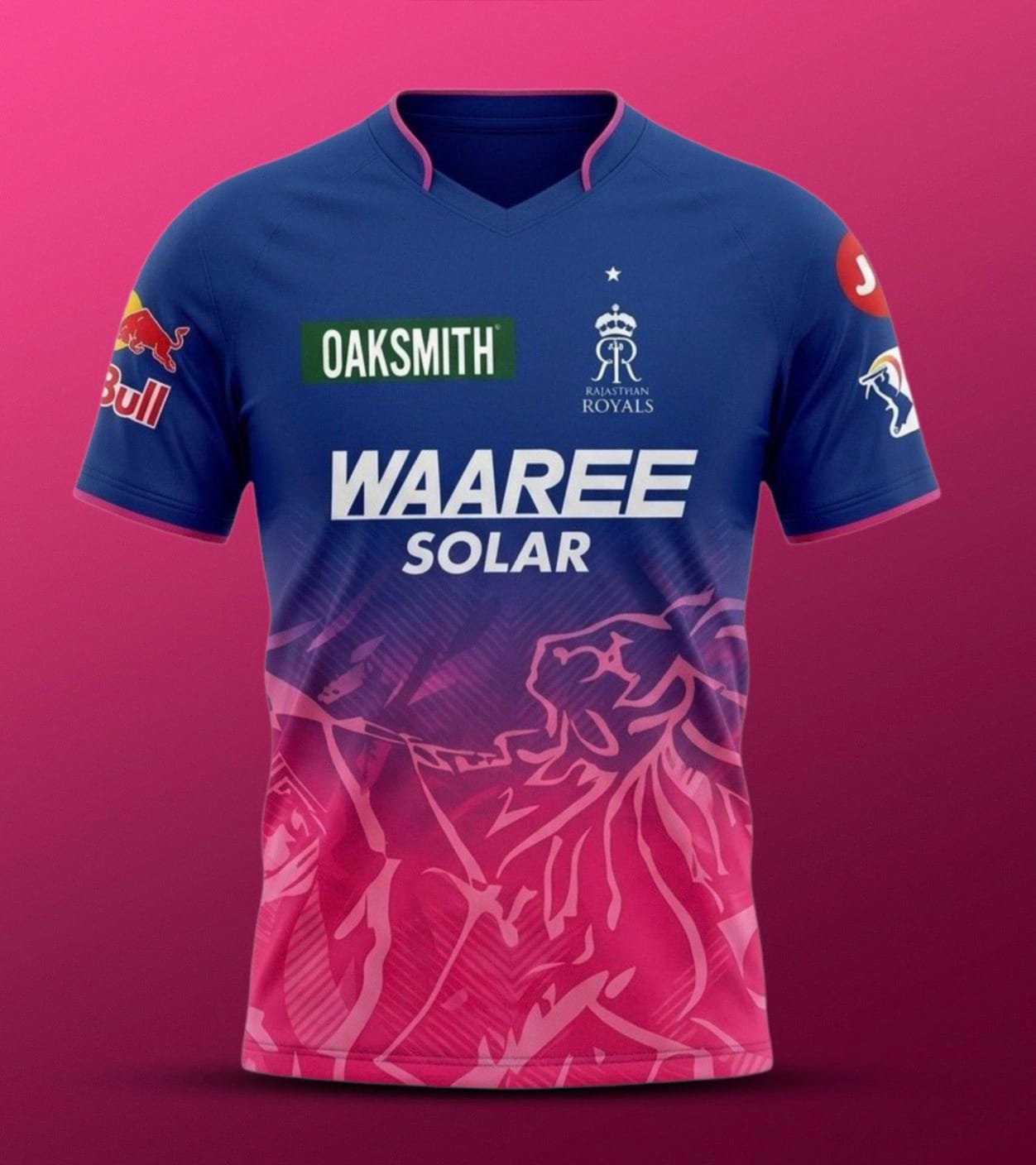 Rajasthan Royals 2026 IPL jersey — royal blue fading into hot pink, a nod to Jaipur the Pink City