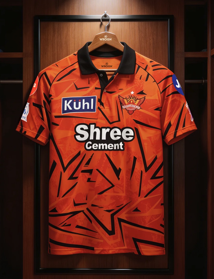 Sunrisers Hyderabad 2026 IPL jersey — blazing orange kit with a black zig-zag print, black collar and Shree Cement sponsor, the best IPL jersey of 2026