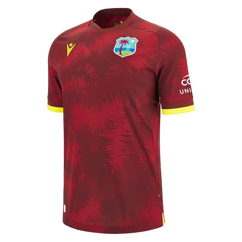 West Indies maroon Macron ODI cricket jersey with palm crest and yellow cuffs