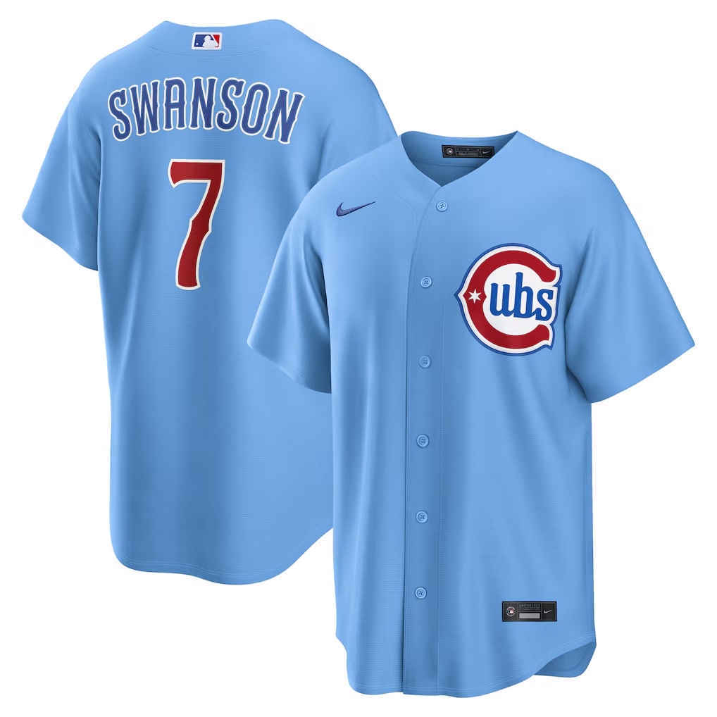 Chicago Cubs 2026 powder-blue Blues alternate jersey by Nike, light blue with the Cubs wordmark across the chest, worn at home on summer Fridays