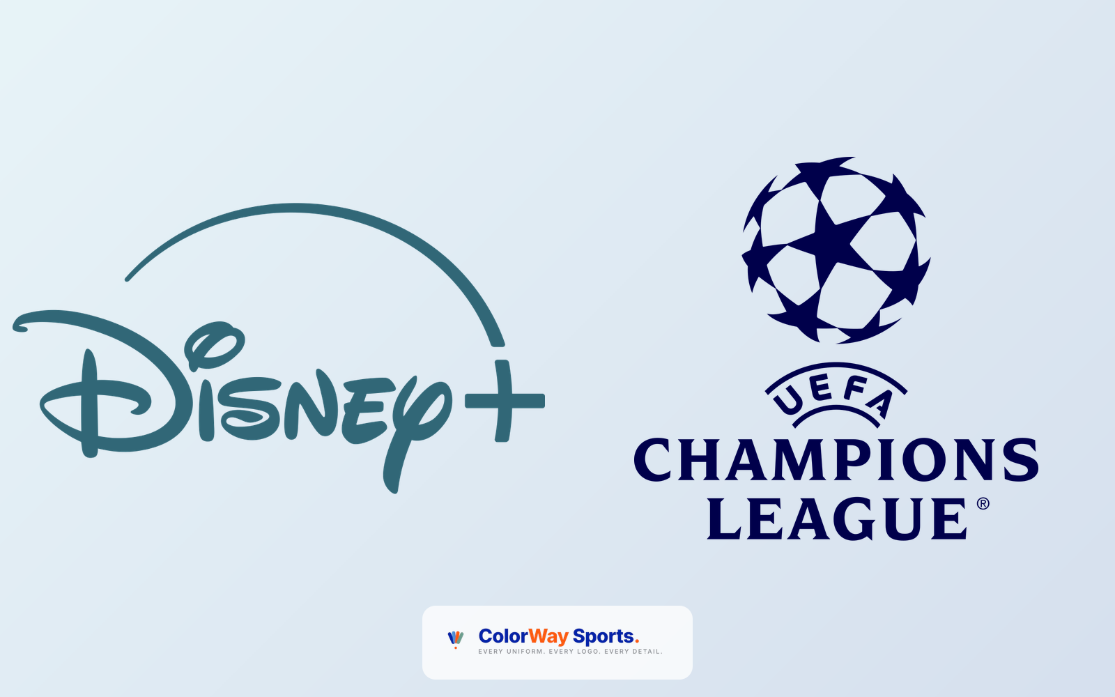 Disney Plus and UEFA Champions League partnership graphic showing the Disney+ logo on the left and the UEFA Champions League starball logo on the right marking the 2026 streaming rights deal