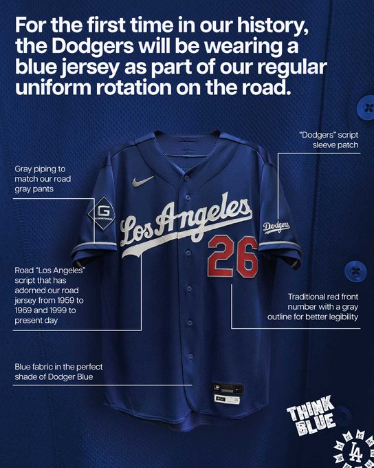Dodgers blue road jersey with full detail breakdown