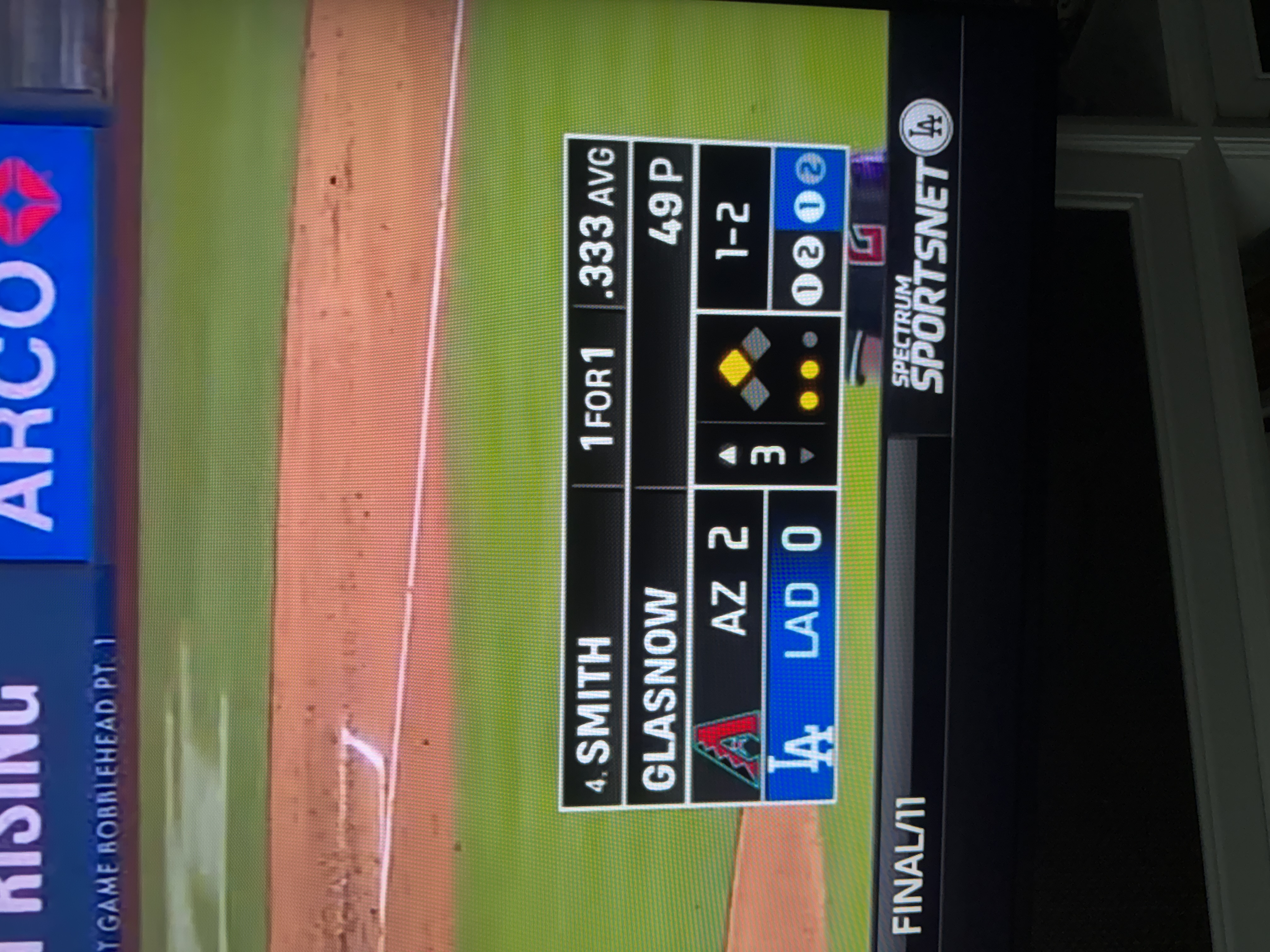 New Dodgers Spectrum SportsNet score bug showing Smith batting and Glasnow pitching
