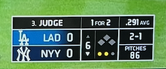 Old Dodgers Spectrum SportsNet score bug with Yamamoto pitching to Judge