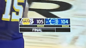 Lakers Spectrum SportsNet score bug showing Lakers 105 final score