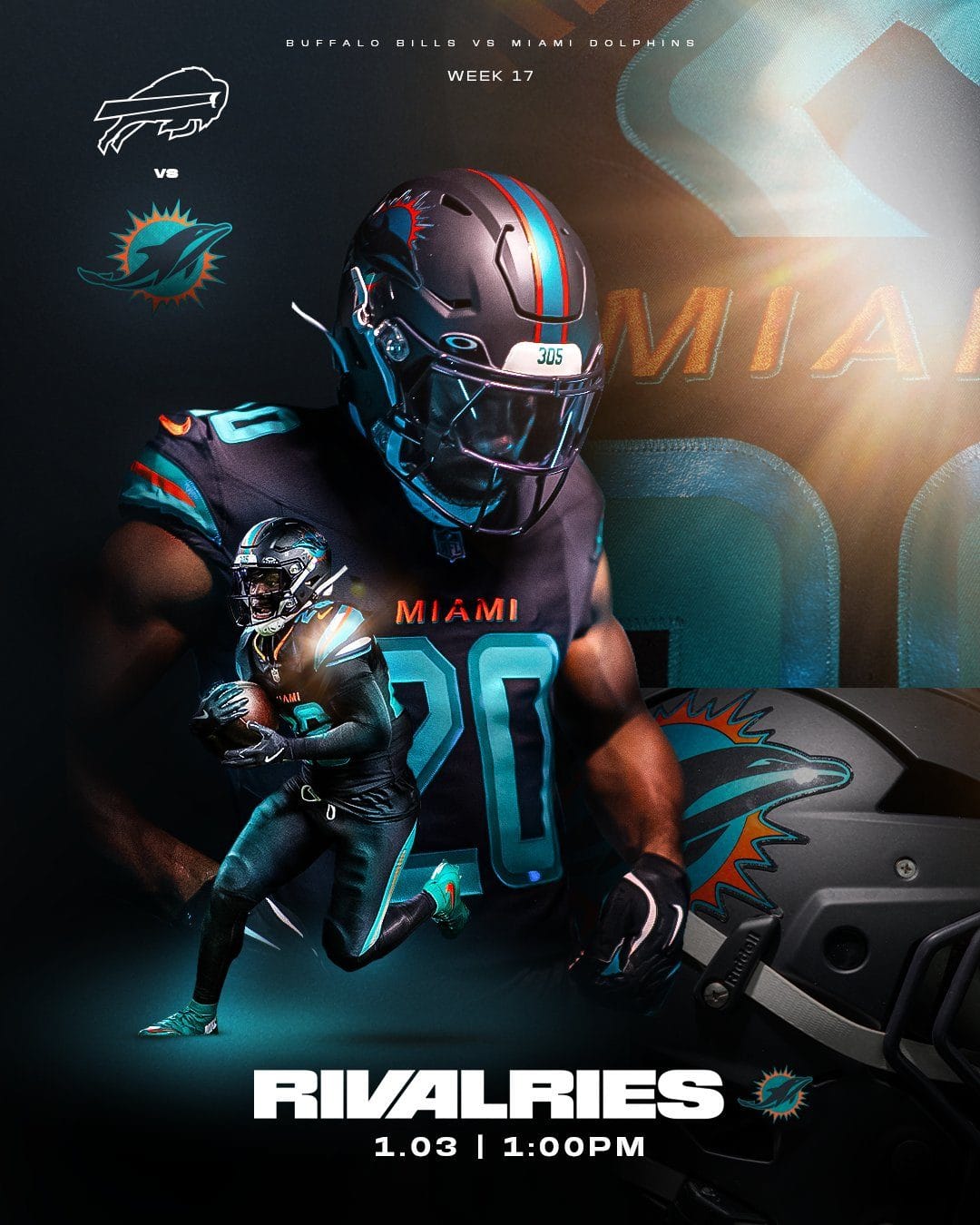 Miami Dolphins Dark Water Rivalries uniform graphic for the Week 17 game against the Buffalo Bills on January 3, showing the pitch-blue helmet, black jersey with orange MIAMI wordmark and aqua numbers