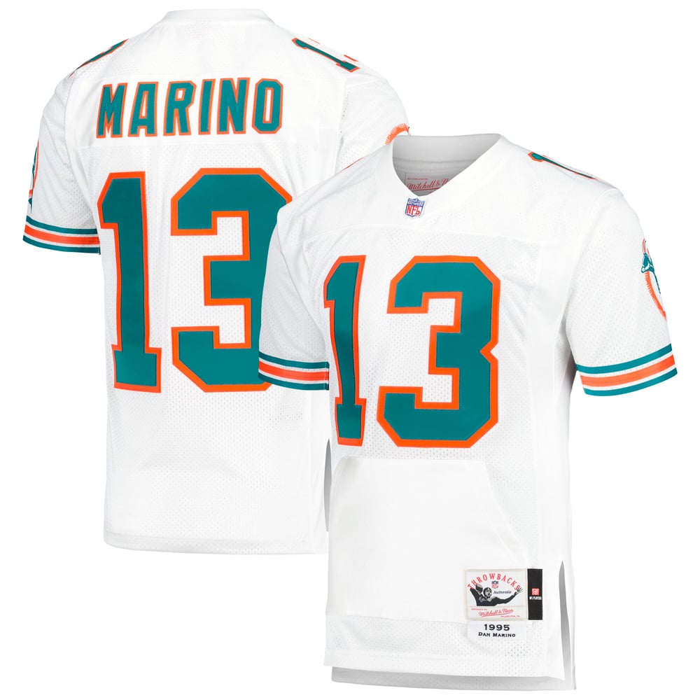 Miami Dolphins white throwback jersey with aqua numbers outlined in orange, aqua and orange sleeve stripes and the leaping dolphin logo, which forces the Bears into navy in Week 14
