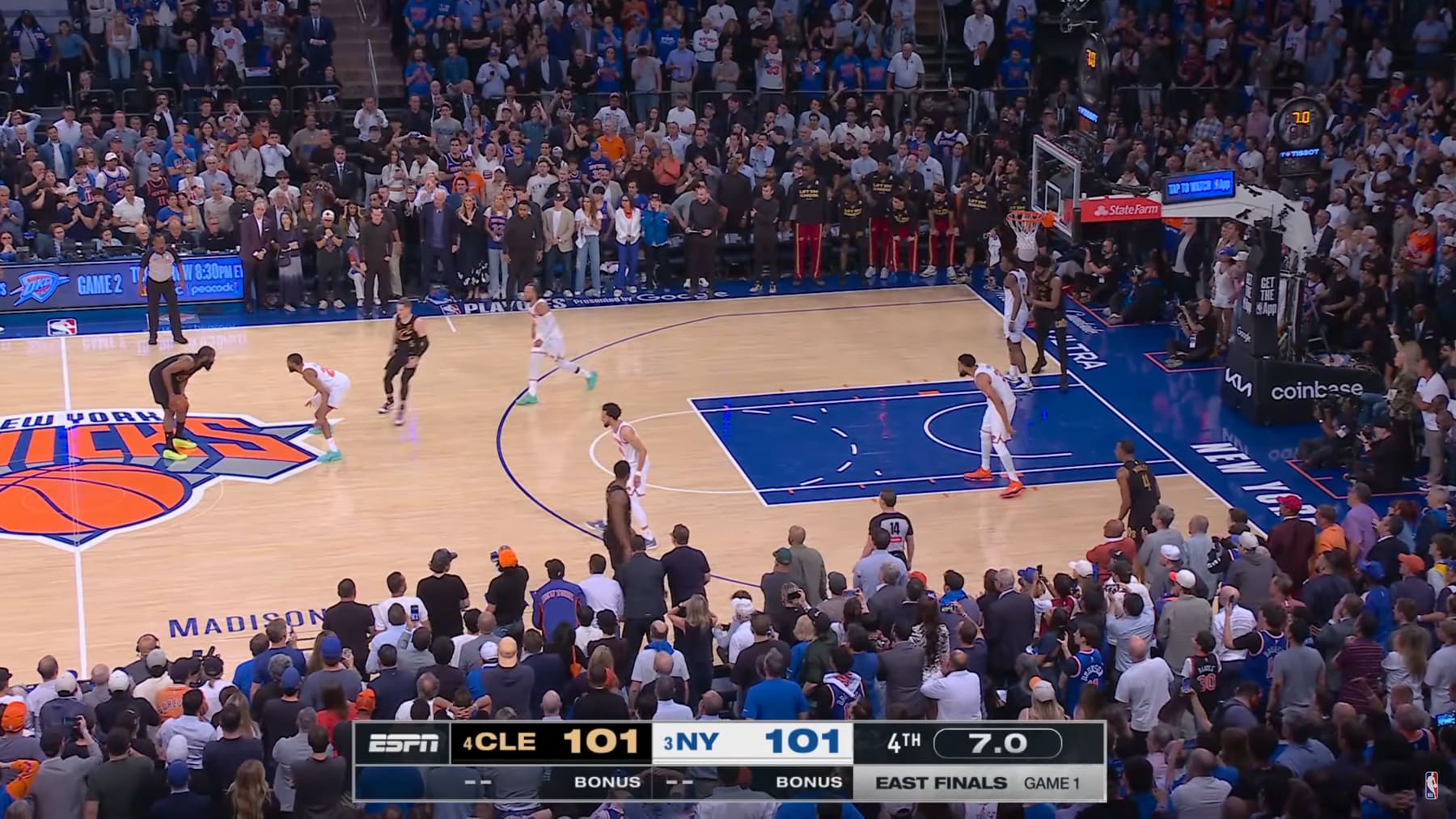 ESPN 2026 NBA Eastern Conference Finals condensed broadcast screen from Knicks at Cavaliers Game 1 at Madison Square Garden showing the smaller scorebug with East Finals Game 1 corner label in the back half of the broadcast