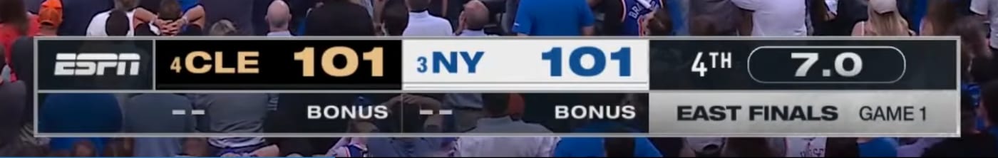 ESPN 2026 NBA Eastern Conference Finals condensed scorebug snippet from Knicks at Cavaliers Game 1 showing the smaller mark with East Finals Game 1 corner label and team timeout indicators added to the layout
