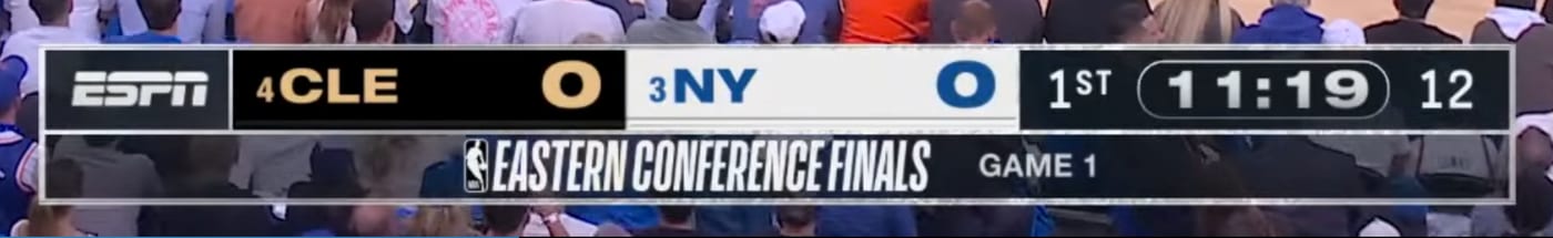ESPN 2026 NBA Eastern Conference Finals full scorebug snippet from Knicks at Cavaliers Game 1 showing the silver bottom banner with the full Eastern Conference Finals wordmark, team marks, score, time, and period