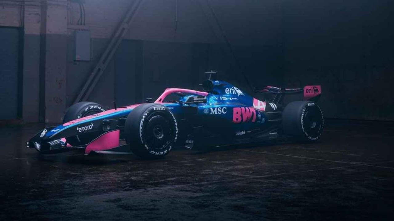 Standard 2026 Alpine F1 livery in regular BWT pink and blue color scheme without the Miami GP yellow stripe accent, the base look the team runs every other weekend