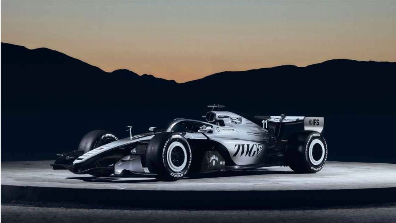 Standard 2026 Cadillac F1 MAC-26 livery in regular black and white color scheme without Stars and Stripes elements, the base look the team runs every other weekend