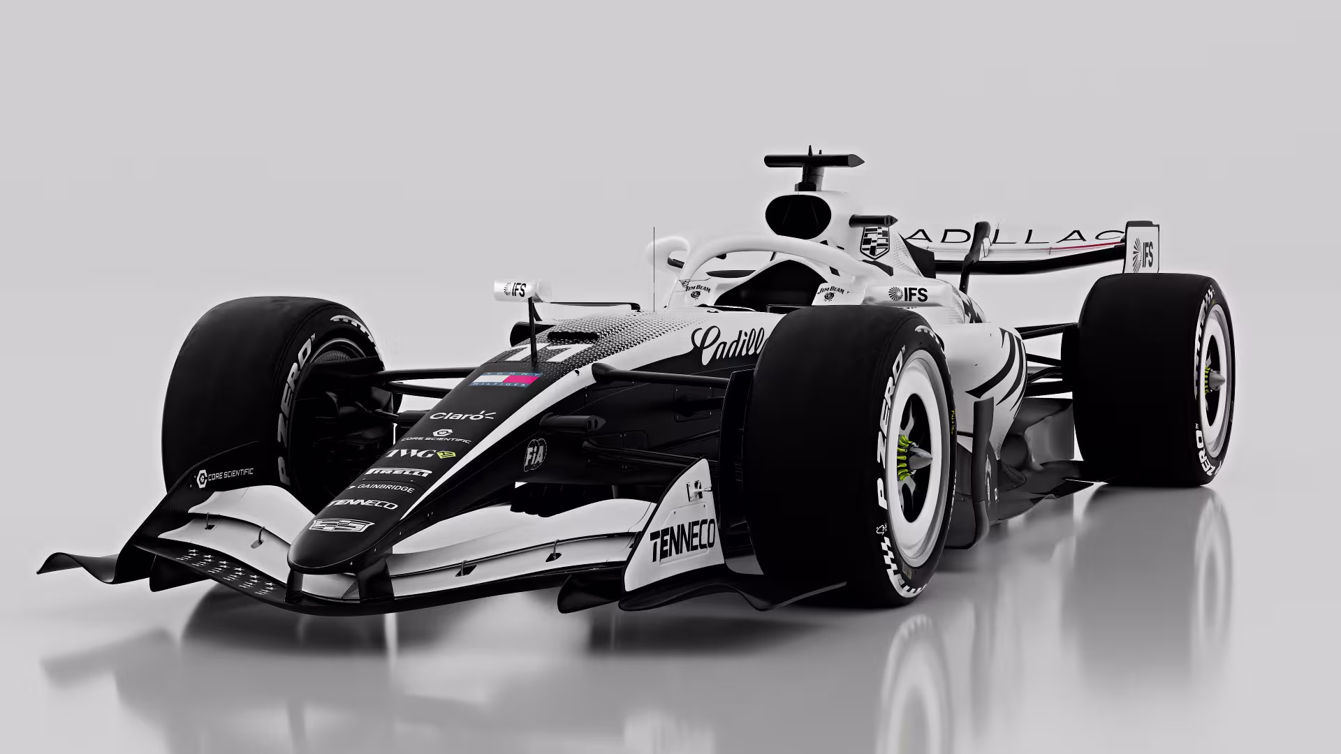 Cadillac F1 Miami Grand Prix 2026 special livery from a side angle showing the Stars and Stripes detailing on the front wing and the standard Cadillac black and white treatment on the chassis