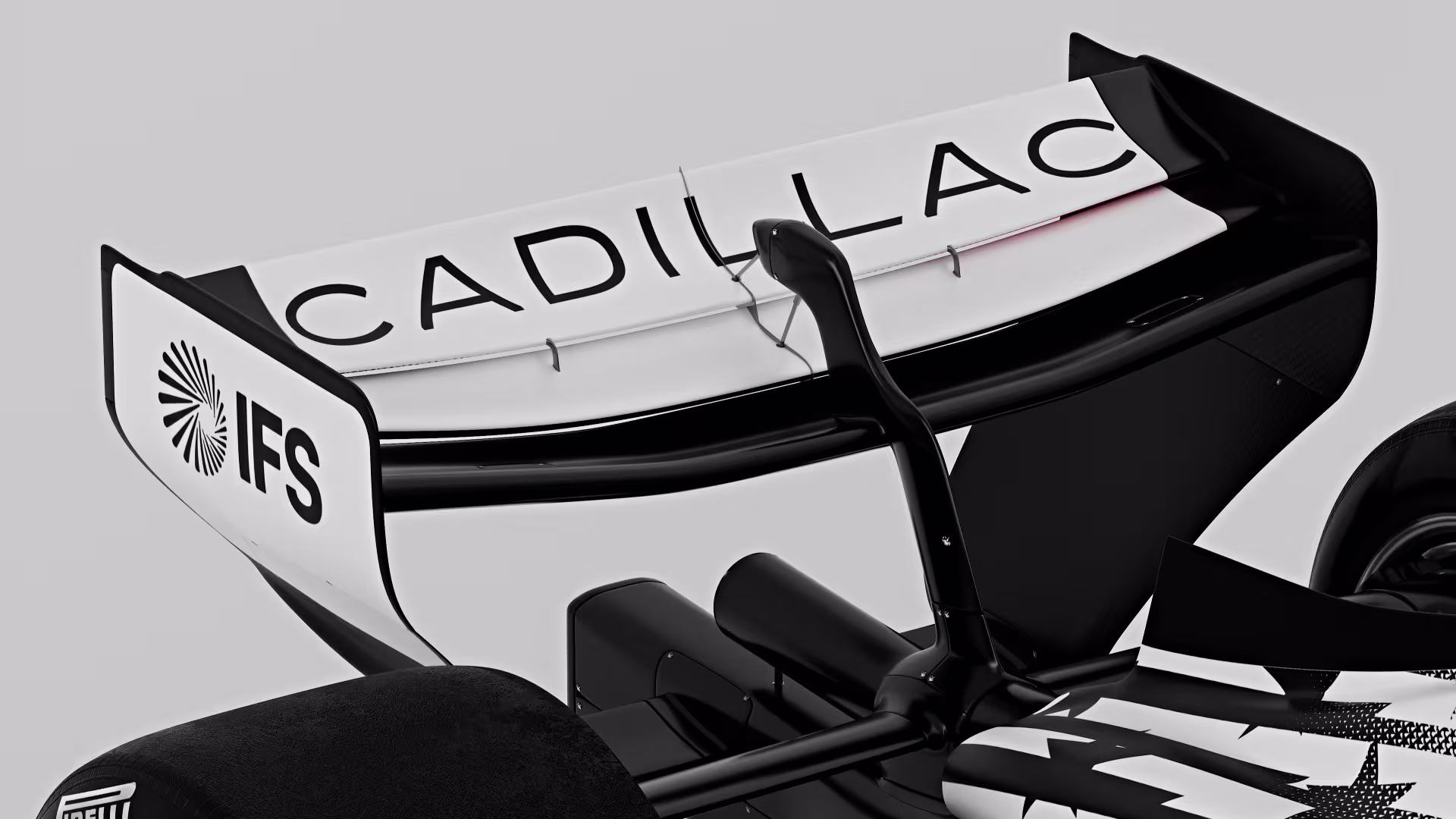 Cadillac F1 Miami Grand Prix 2026 special livery overhead view of the MAC-26 with the USA-themed graphics layered over the standard black and white base