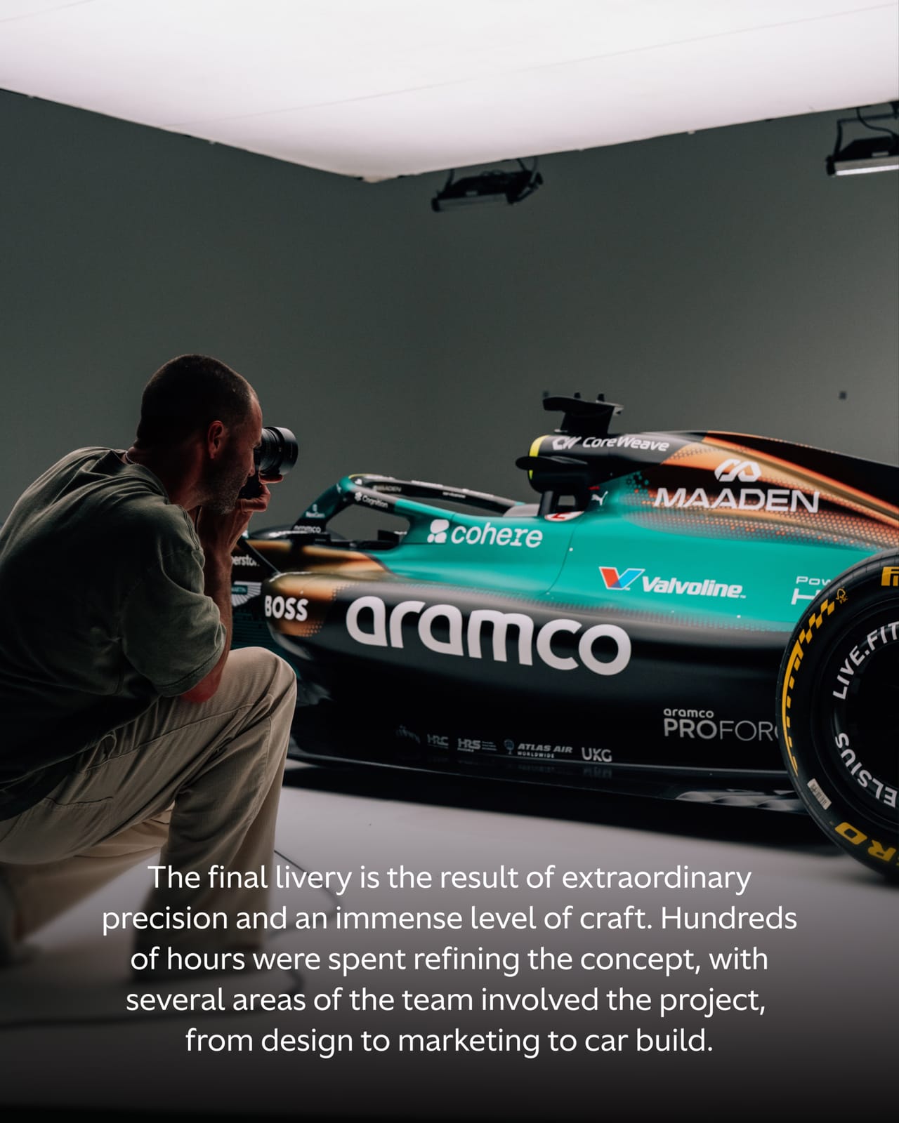 Aston Martin AMR25 F1 Monaco Grand Prix 2026 Maaden iridescent livery behind the scenes photographer studio capture showing the photoshoot process behind the green-to-gold iridescent paint scheme and the immense level of craft that went into the final livery