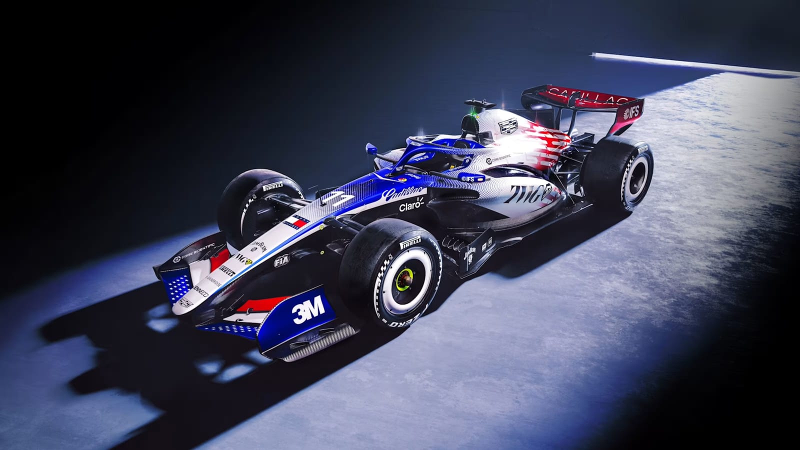 Cadillac F1 2026 British Grand Prix July 4th special livery front three-quarter studio shot showing the blue nose, white body, red rear wing with the Cadillac wordmark, and stars-and-stripes American flag detailing on the front wing