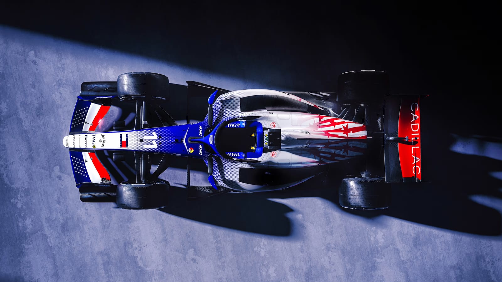Cadillac F1 2026 British Grand Prix July 4th livery overhead top-down view showing the full red, white, and blue American flag design running the length of the car with a white star on the airbox