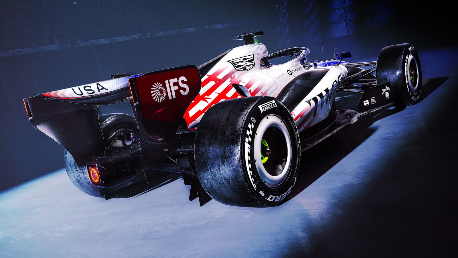 Cadillac F1 2026 British Grand Prix July 4th livery rear three-quarter view showing the red rear wing with the USA call-out and the IFS branding on the endplate