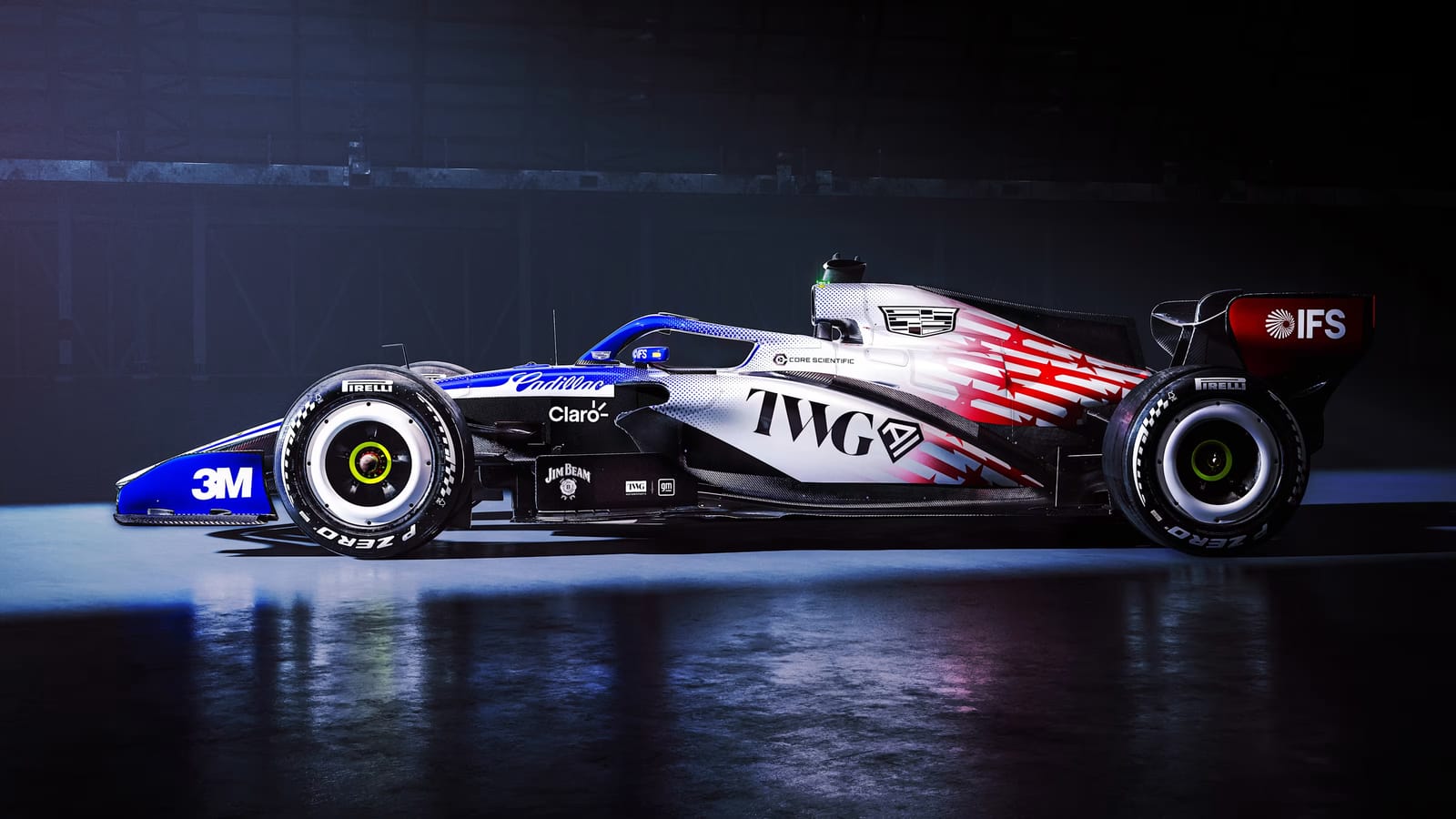 Cadillac F1 2026 British Grand Prix July 4th special livery clean side profile in red, white, and blue American flag colors, replacing the standard car for the Silverstone weekend