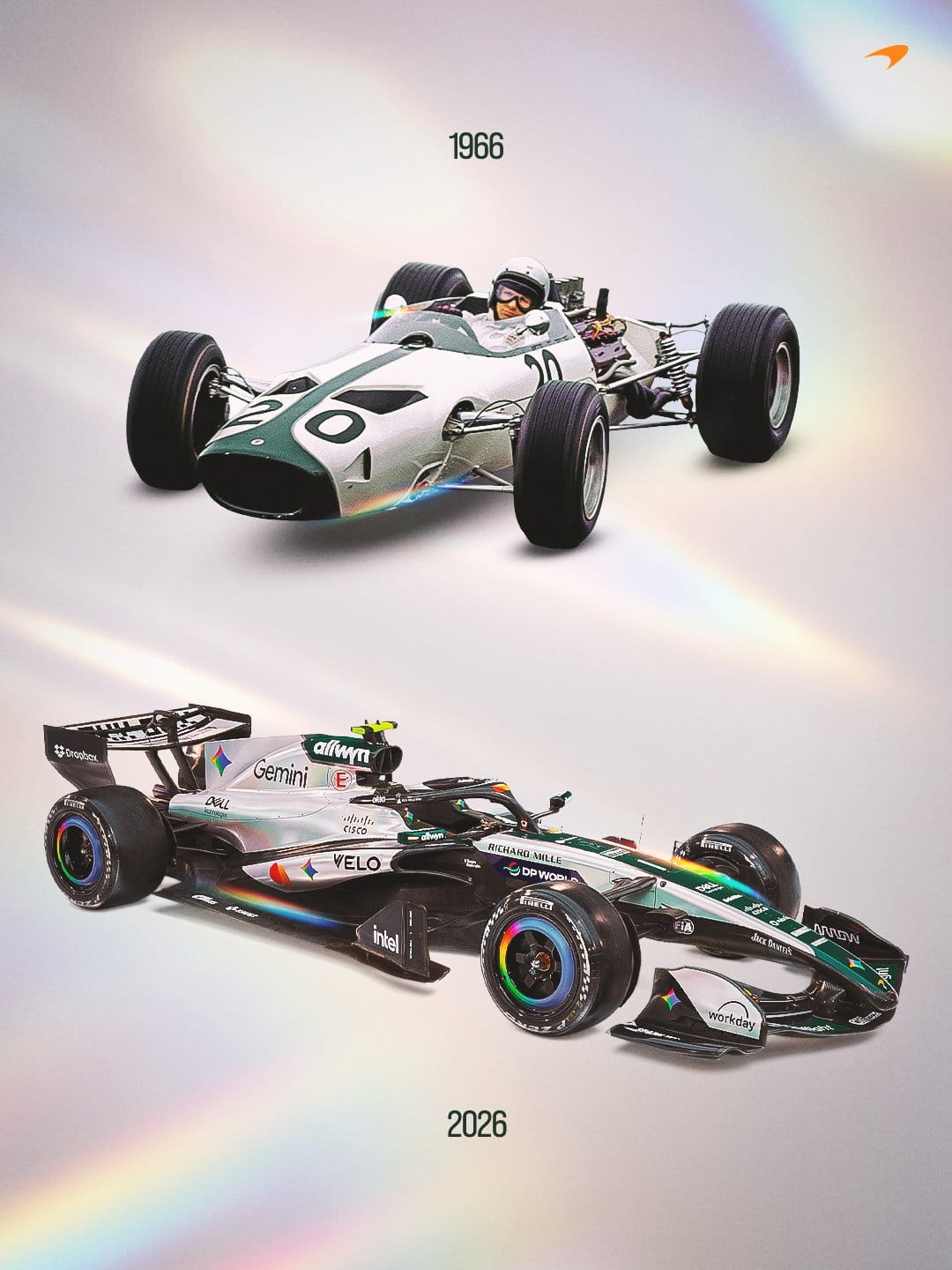 Side by side comparison of the 1966 McLaren M2B in white and green and the 2026 McLaren MCL40 British Grand Prix heritage livery in the same white-and-green color scheme, showing the 60-year link between the team's first Formula 1 car and the anniversary tribute livery
