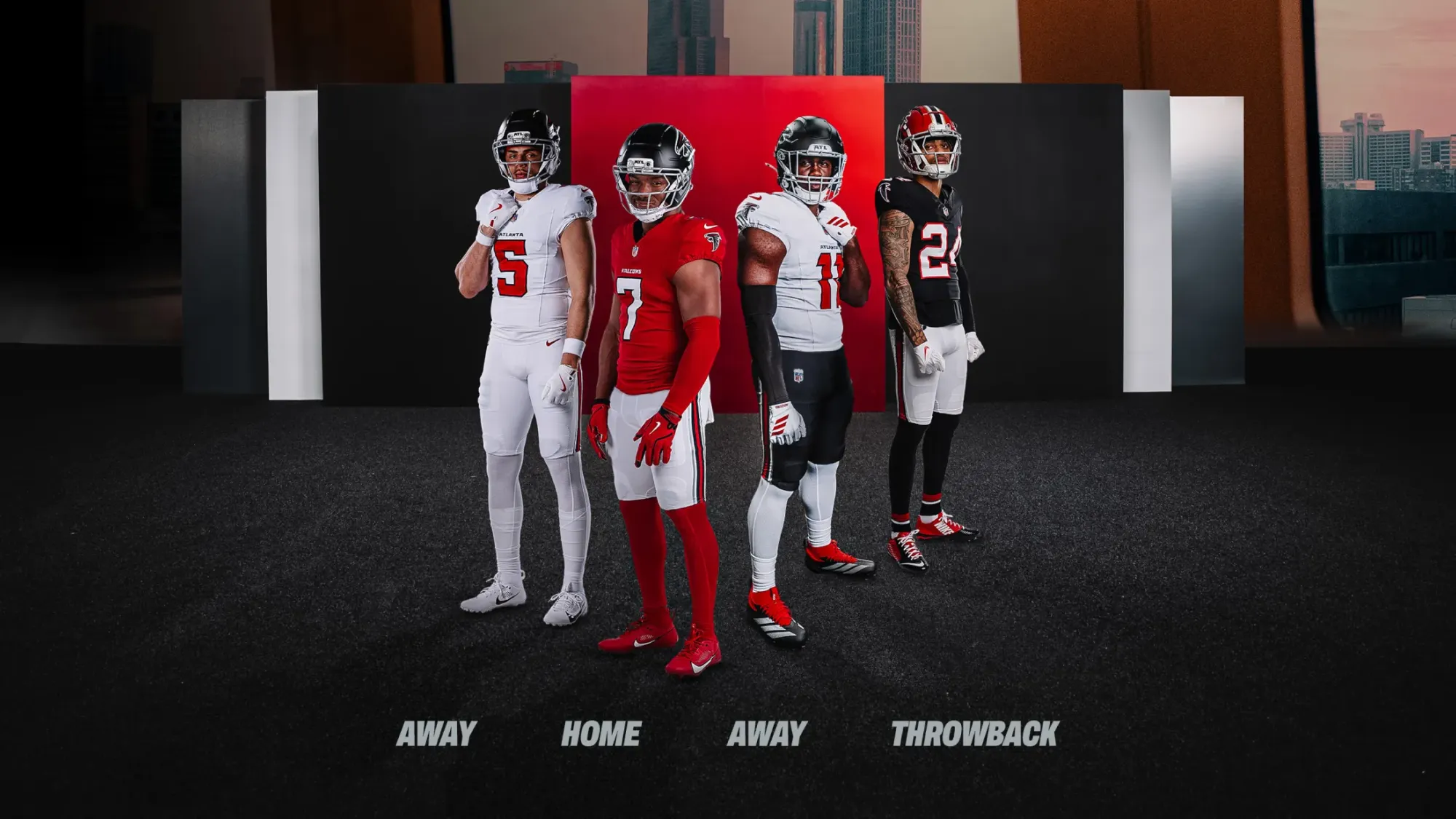 Atlanta Falcons 2026 full uniform closet showing Away, Home, Away, and Throwback jerseys