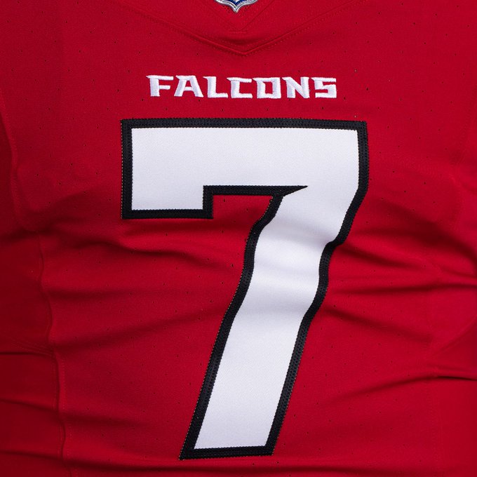 Close-up of Atlanta Falcons 2026 red jersey number 7 with FALCONS wordmark