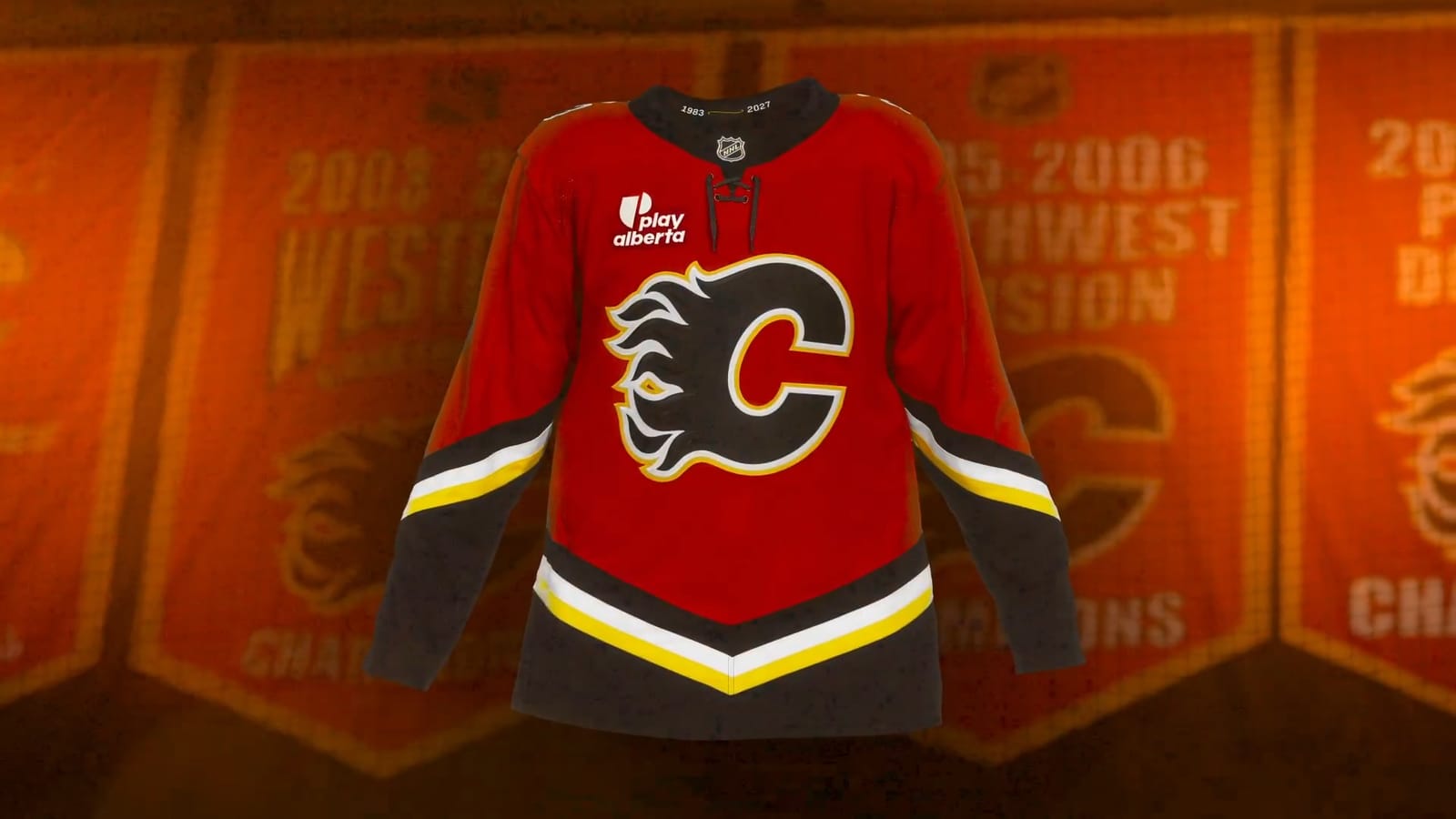 Calgary Flames 2004 retro home jersey, red with a black Flaming C outlined in white and yellow and black chevron striping at the waist