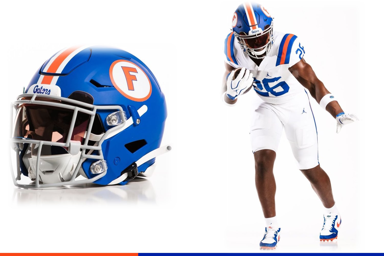 Florida Gators 2026 throwback uniform honoring Steve Spurrier's 1966 Heisman season, with a blue helmet carrying the oval F logo, a white jersey with blue and orange shoulder stripes, and white pants