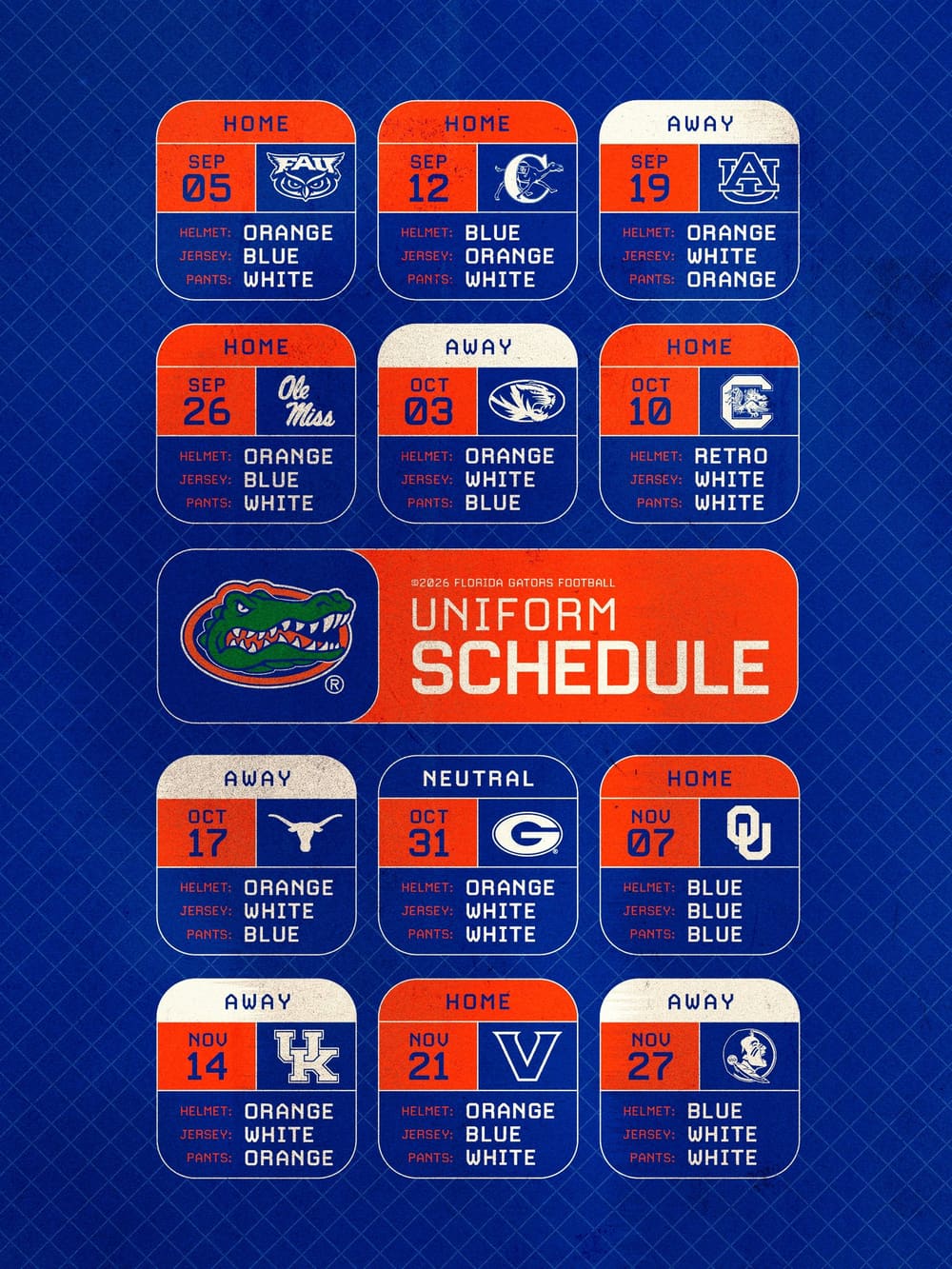 Florida Gators 2026 uniform schedule grid listing helmet, jersey and pants for all twelve games from FAU on September 5 through Florida State on November 27