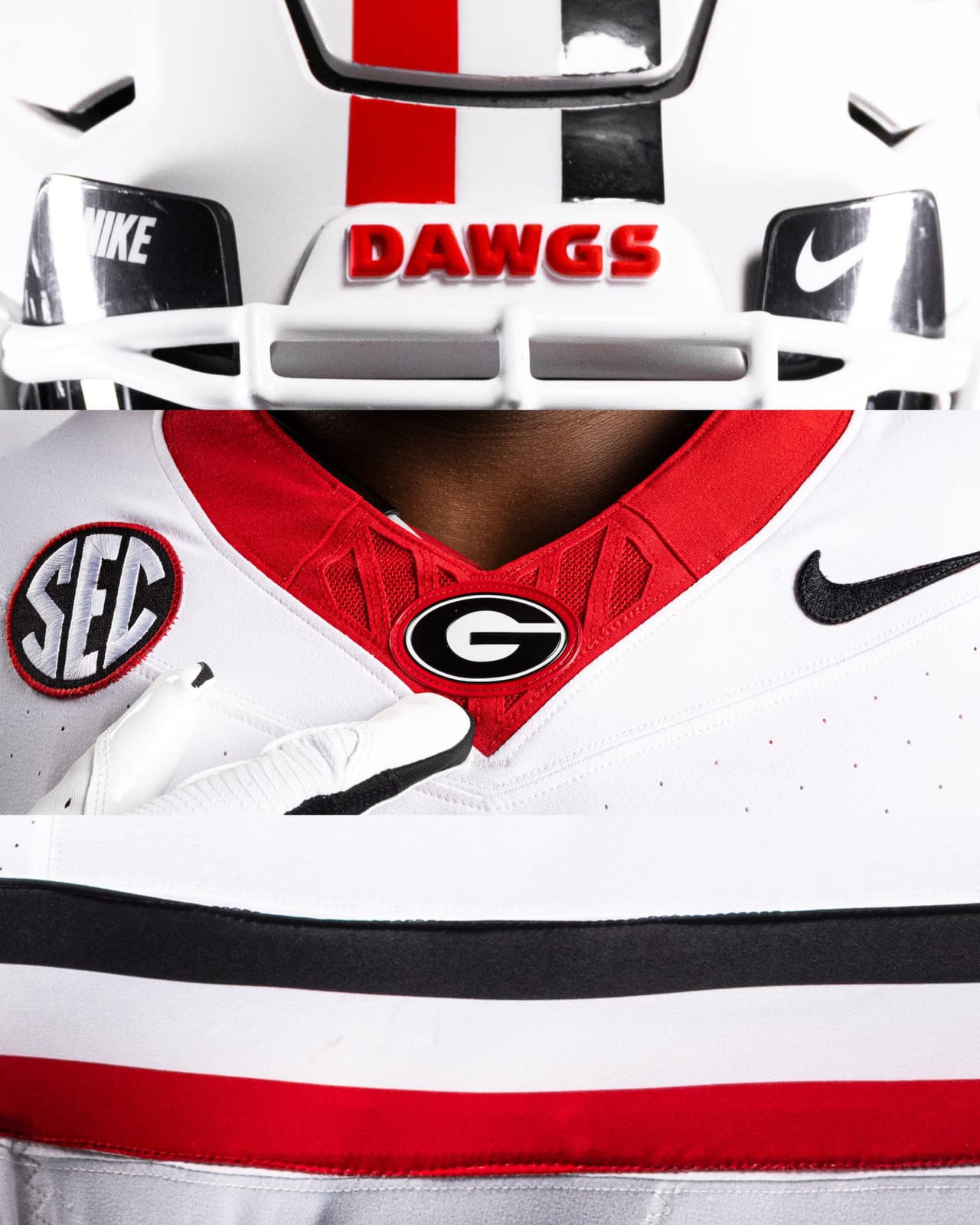 Detail shots of the Georgia 2026 all-white uniform: the white helmet front with red DAWGS bumper, the red collar with the oval G and SEC patch, and the black and red stripe on the jersey hem
