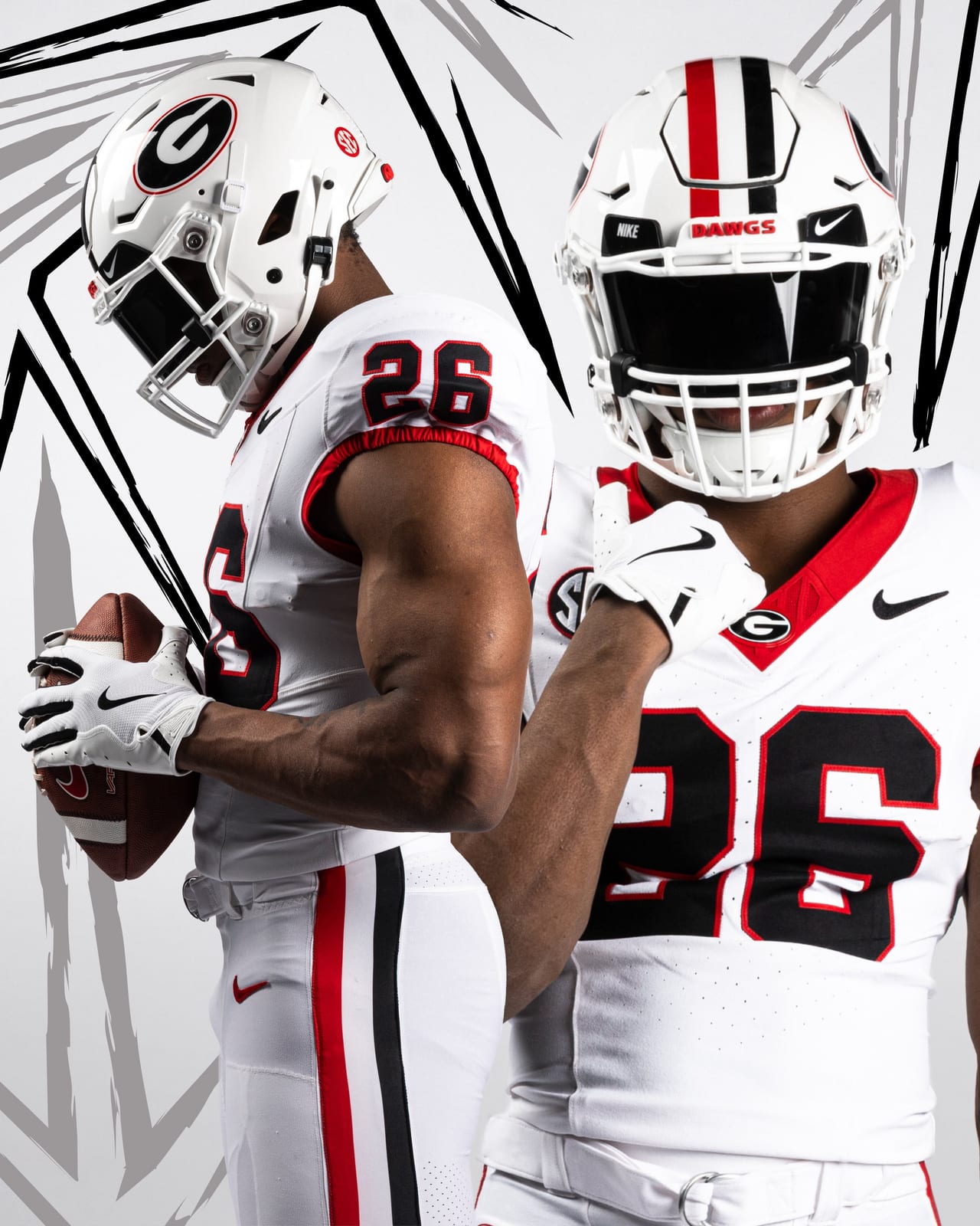 Two views of the Georgia Bulldogs 2026 all-white uniform showing the white helmet with red and black stripe, the black numbers with red outline, and the white pants