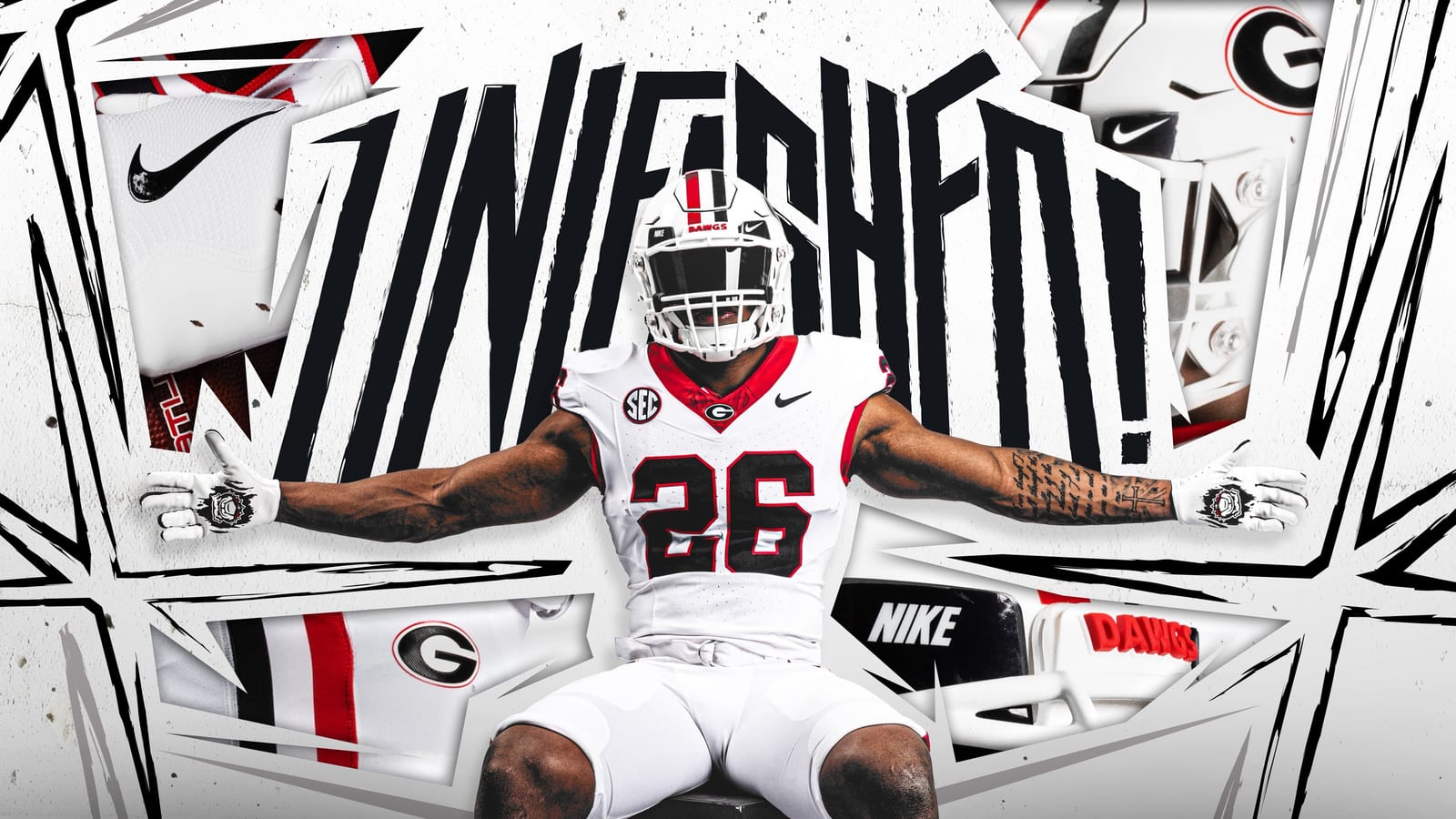 Georgia Bulldogs new all-white 2026 football uniform, with white helmet, white jersey with black numbers and red trim, and white pants